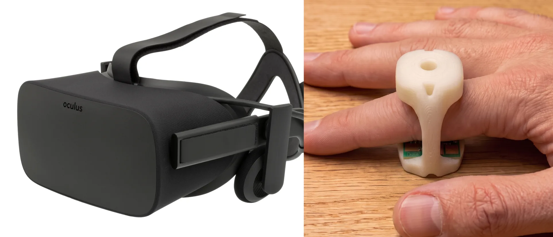 An Oculus Rift headset and the prototype ring sensor beside a hand-annotated EDA trace from the study